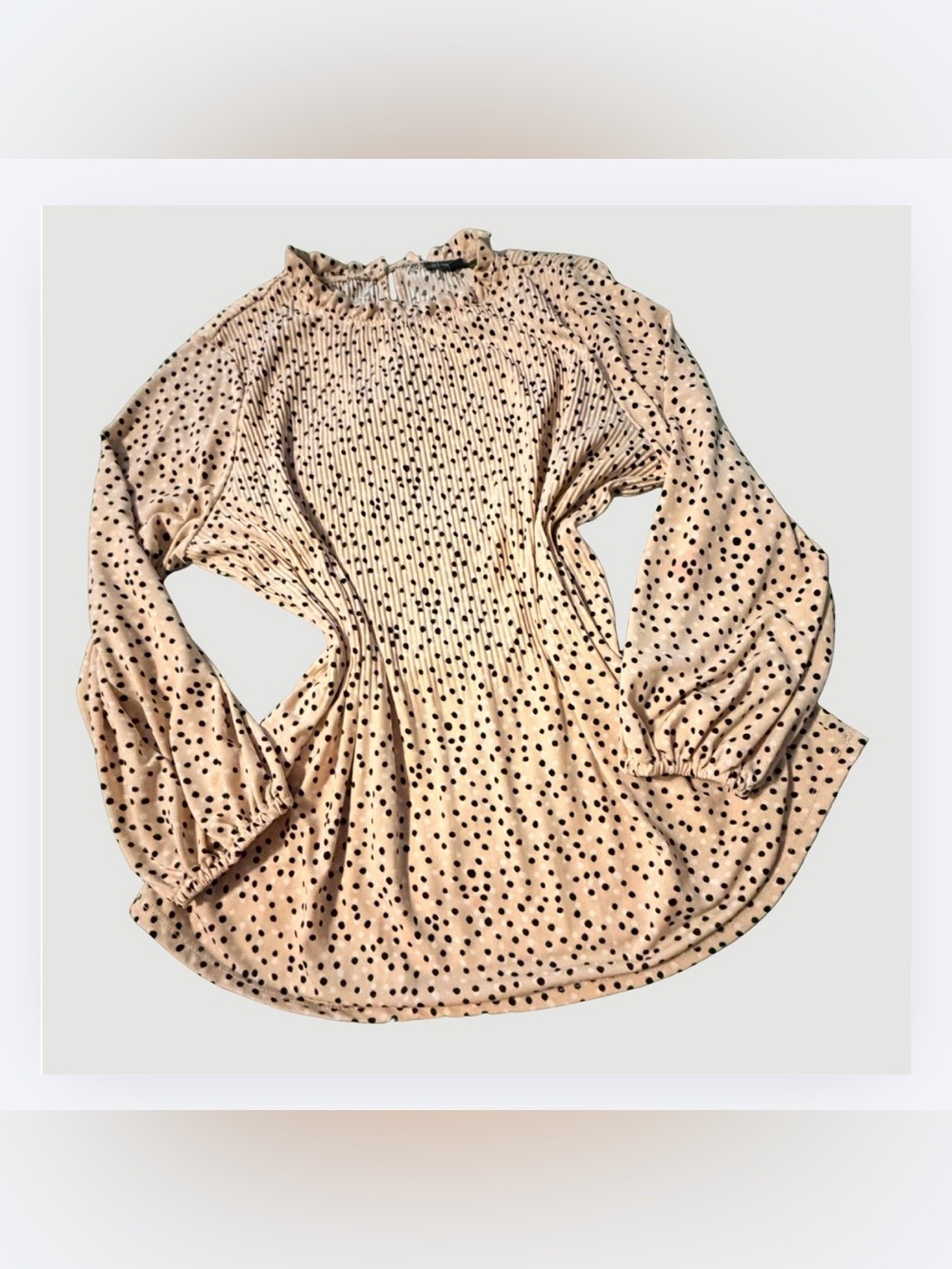 Adrianna Papell Pink, White, & Blaxk Polka Dot Blouse, Ruffle Collar, Size L